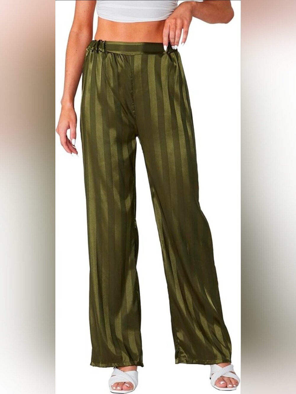 Amazon Olive Satin-Stripe Wide Leg Pants